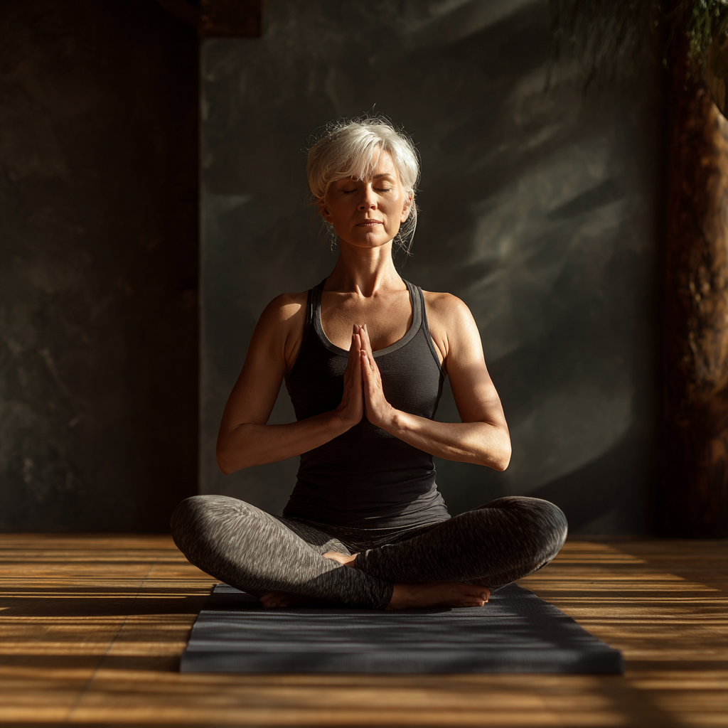 Mature woman in her late forties practicing yoga meditation pose on a wooden floor in a serene studio with natural light