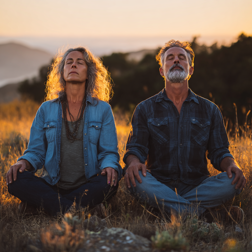 Middle-aged man and woman in their fifties sitting in meditation pose outdoors in nature during sunrise with peaceful expressions