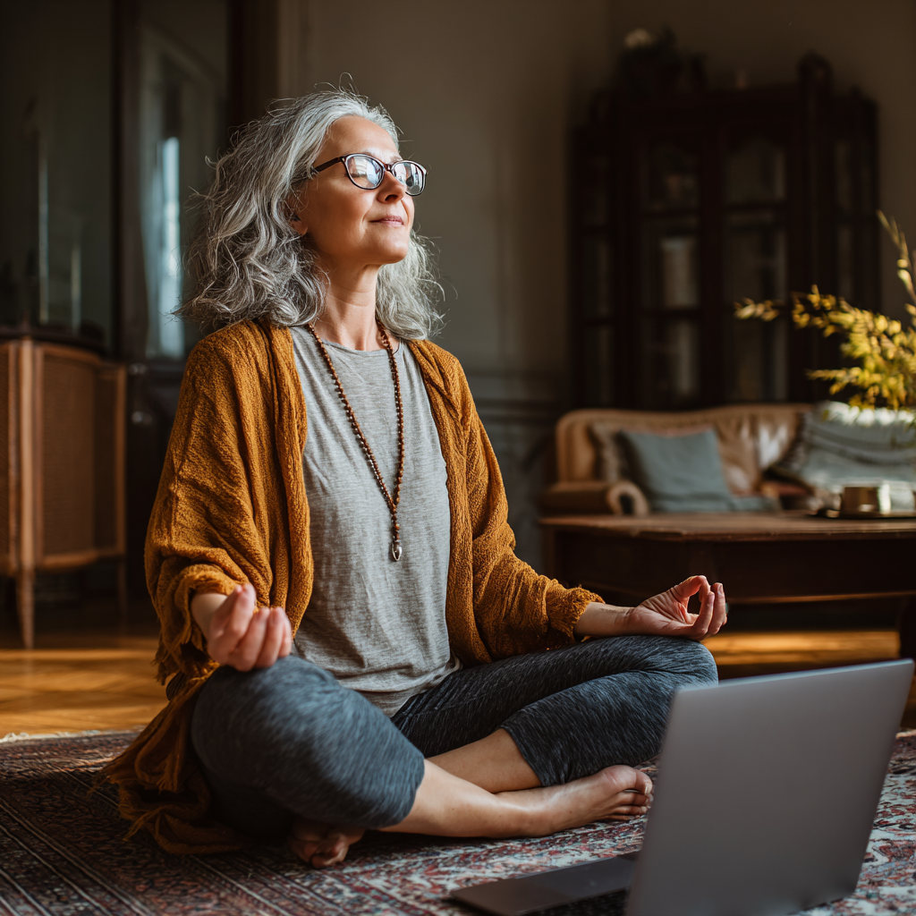 Woman in her early fifties practicing yoga at home in front of laptop following online class with peaceful home environment